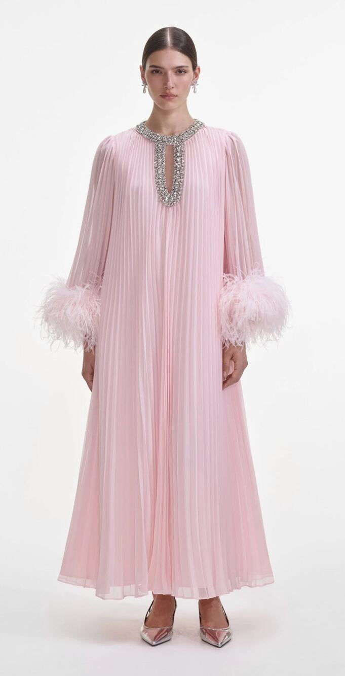 Self Portrait Pink Chiffon Feather Midi Dress